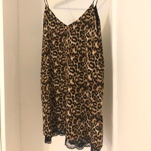 Leopard print mini dress with black lace detail